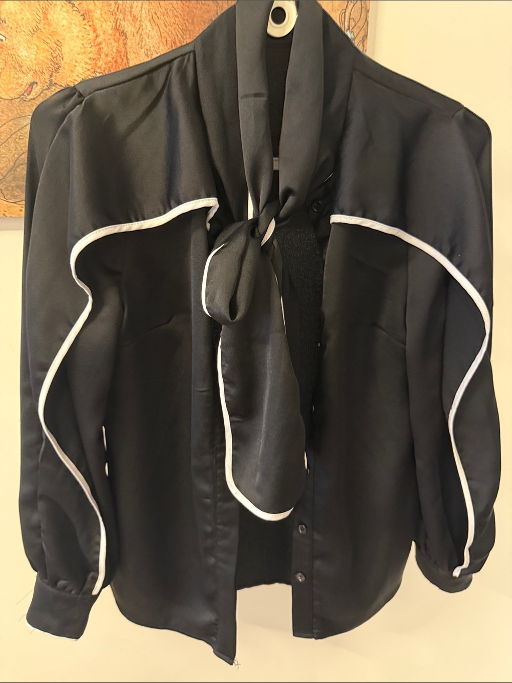 Women's Black Tie-Neck Jacket with White Piping
